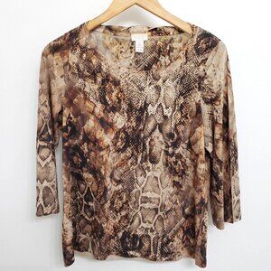 Chico's Brown and Tan Studded Snake Print 3/4 Sleeve Top Sz 1